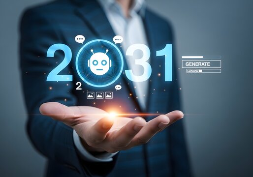 A hand holding a glowing projection of the year twenty thirty one and ai related icons above it