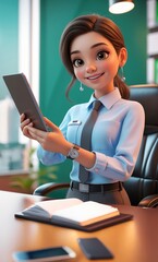 3D Woman Sitting on Chair with Tablet &ndash; Digital Illustration on Notebook Background.