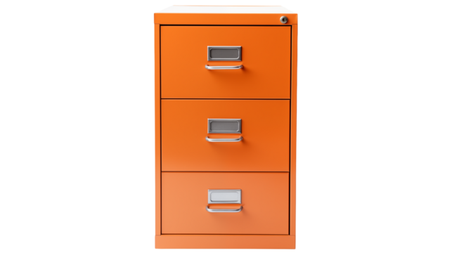 Orange filing cabinet, perfect for organizing documents, essential for office workflow and efficiency.