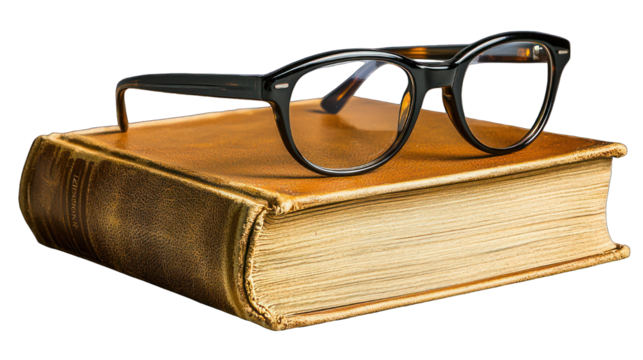 Glasses sit atop a worn, golden, aged hardcover book