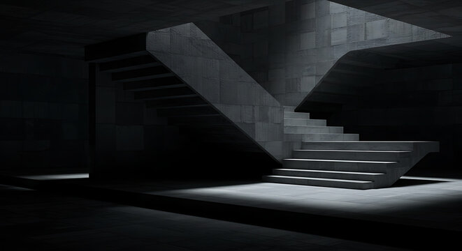 Escalera de hormig&oacute;n en un espacio oscuro con luz natural
