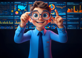 Futuristic 3D Businessman with Smart Glasses Analyzing Investment, Marketing & Growth Strategies in a High-Tech World.