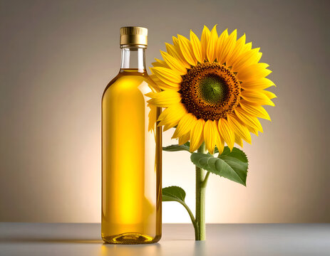 stodio shoot of sunflower oil in a bottle and sun flower with stem and leaves on white background