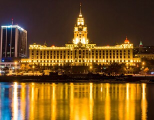 Obraz premium Illuminated building at night reflecting on water