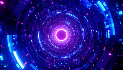 Fototapeta premium Digital Tunnel of Light: Immersed in a futuristic and abstract tunnel, a neon stream of electric blue and radiant pink lights weave, swirling together in a stunning display of technological artistry.