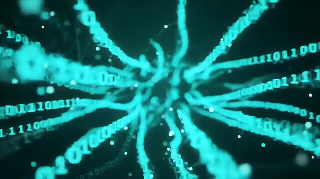 Binary Code Streams Radiate Outward in an Abstract Digital Data Visualization