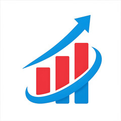 Upward trending bar chart with a blue arrow and swoosh on black background