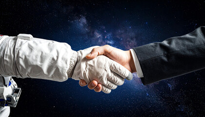 Cosmic Agreement: A unique fusion of science and business, where an astronaut and a businessperson seal an innovative deal amidst the breathtaking backdrop of the cosmos.