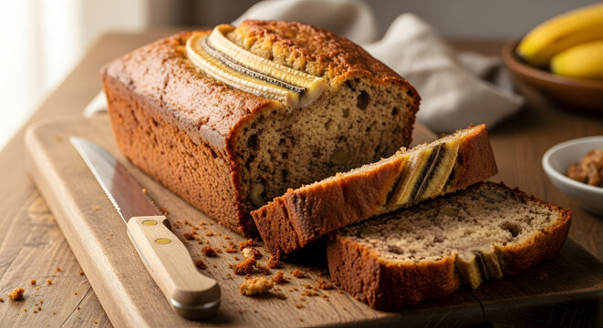 Artisanal banana bread loaf showcases warm, inviting textures, perfect for baking enthusiasts and food bloggers featuring breakfast delight and homemade freshness displayed with aesthetic appeal and