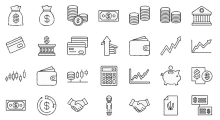 Vector finance and money icons set | including coins, wallet, bank, ATM, credit card, investment chart, piggy bank, dollar sign, safe box, online payment, and cryptocurrency symbols