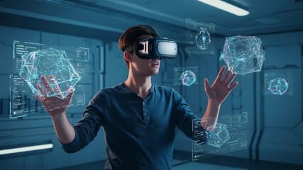 Man using virtual reality headset to interact with 3D data visualization and holographic AI interface in futuristic tech lab environment - Powered by Adobe