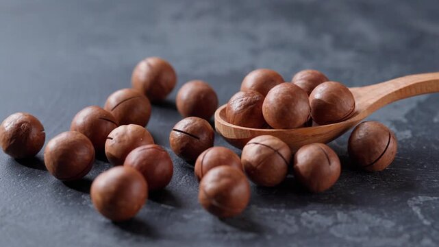 macadamia in a wooden spoon on a black stone table.