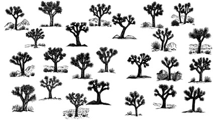 Black and White Joshua Tree and Desert Yucca Silhouette Pattern

