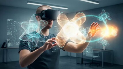 Man using virtual reality headset to interact with holographic scientific interface in modern tech office with 3D atomic models and futuristic data visualization - Powered by Adobe