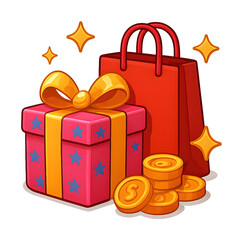 Festive gift box with shopping bag and gold coins for rewards
