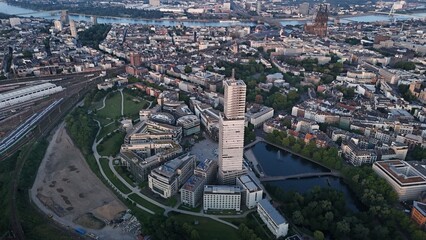 Aerial view of Cologne with modern architecture and Cologne Cathedral.