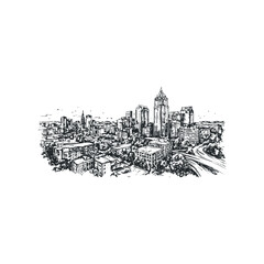 Sketch of a Bustling Cityscape with Tall Buildings and Winding Roads