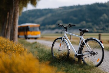 Naklejka premium White bicycle parked on rural path with yellow bus and scenic hills in background