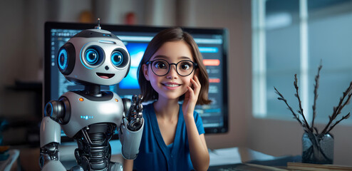 3D Pretty Young Girl with Cute AI Robot &ndash; Concept of Artificial Intelligence in Daily Life.