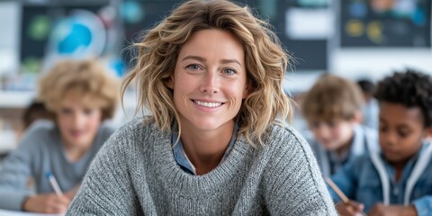 Smiling caucasian female teacher in classroom with diverse students engaged in learning
