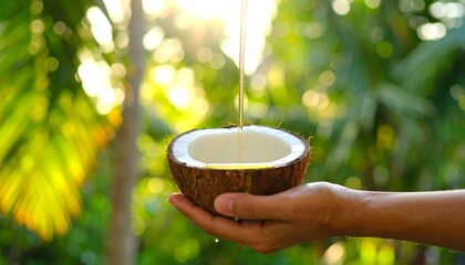 Coconut oil drips from a halved coconut held in a hand, against a background of lush tropical foliage illuminated by sunlight.