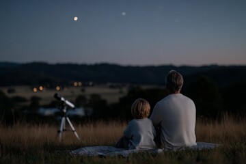 Naklejka premium Elderly caucasian male and young caucasian child stargazing at night with telescope
