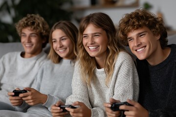 Young caucasian adults playing video games and smiling together on sofa