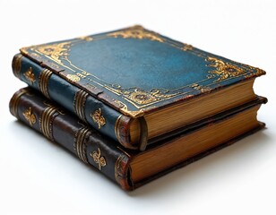 Obraz premium Stack of two antique leather-bound books, one blue, one brown, with ornate gold detailing on spines, covers. Pages aged, gilded, suggesting ancient spells, potions, forgotten lore. Isolated on clean