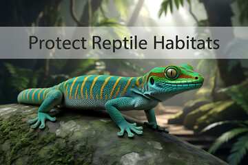 Fototapeta premium Vibrant gecko resting in a lush tropical forest, showcasing wildlife diversity and the need for habitat conservation in a visually stunning way