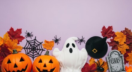 Obraz premium Spooky Halloween border with pumpkins, ghost, witch hat, spiders, and autumn leaves