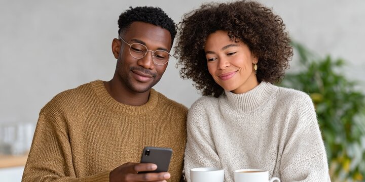 Young african couple relaxing with smartphones and coffee indoors