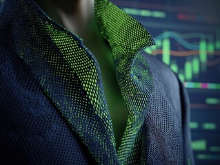 Sophisticated professional dons modern textured blazer against dynamic stock market data display for financial success