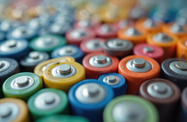 Macro shot of colorful AA batteries, diverse energy sources arranged neatly creating abstract patterns. Selective focus with blurred edges highlights metallic tops, hinting at technology, power,