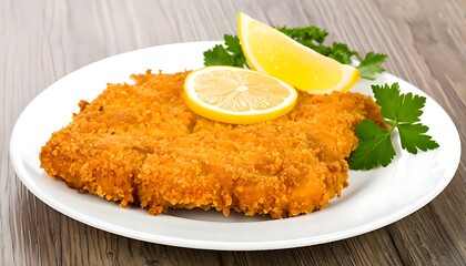 Crispy breaded cutlet served with lemon wedges.