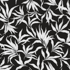 A detailed line art black and white pattern of various leaves, featuring intricate linework on a dark background, repeat surface design