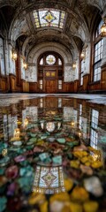 Obraz premium Grand hall's reflective floor shows stained glass ceiling & ornate details