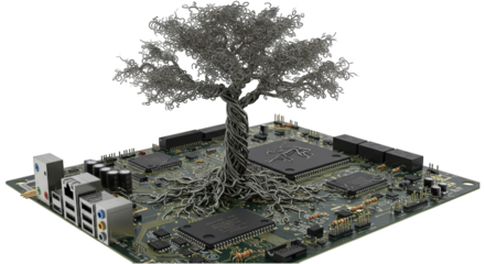 Digital Ecosystem Evolution A Futuristic Tree Growing From Computer Circuitry
