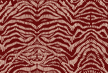 Red repeat line art texture pattern background with beige dashes arranged in wavy chevron shape, surface design can use dress, pillow and curtains.