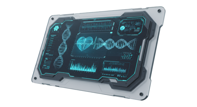 Futuristic Medical Display Showing DNA Sequences and Heart Monitoring Data