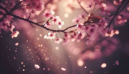 Sunlit cherry blossom branch with pink flowers and floating petals, soft bokeh background, magical and serene atmosphere, macro photography