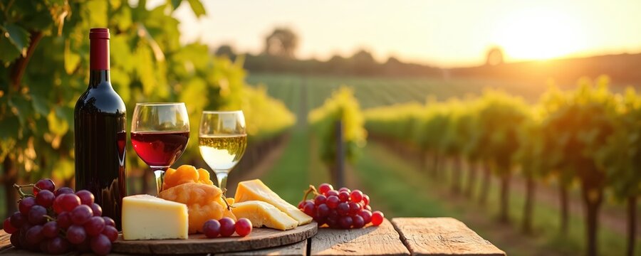 Bottle of red wine, glasses of red, white wine, cheese selection, grapes arranged on rustic wooden table in sun-drenched vineyard. Background shows rows of grapevines bathed in warm sunset light,