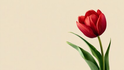 Fototapeta premium Single red tulip with green leaves on cream background