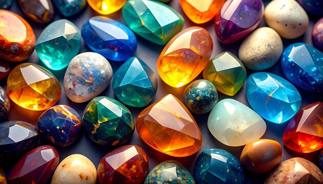A vibrant collection of polished gemstones in various hues, showcasing a range of colors and textures.