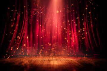 Stage with red curtains and golden glitter