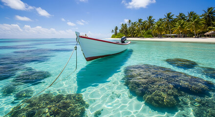 Serene tropical seascape featuring a small white boat gently bobbing in crystal clear turquoise water near a white sandy beach fringed with swaying palm trees under a bright blue sky