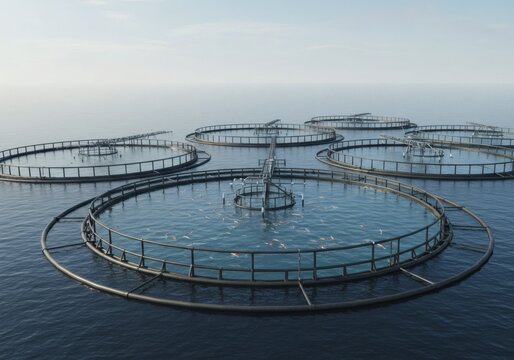 Modern offshore fish farms in clear blue ocean, sustainable aquaculture industry concept