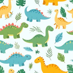 Fototapeta premium Seamless pattern featuring colorful cartoon dinosaurs and tropical leaves on a light blue background