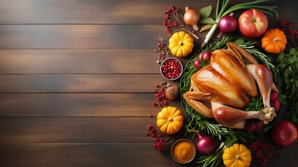 Naklejka premium Roasted Turkey Platter Surrounded by Autumn Fruits and Vegetables on Wooden Table
