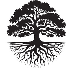 Black silhouette of oak tree with leaves and visible roots