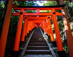 Stone steps ascend through a tunnel of vibrant red gates, framed by lush green foliage